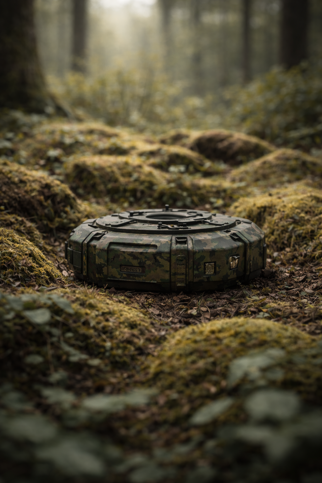 A circular military drone with camouflaged exterior resting on the forest floor surrounded by moss and fallen leaves, with trees and sunlight in the background.