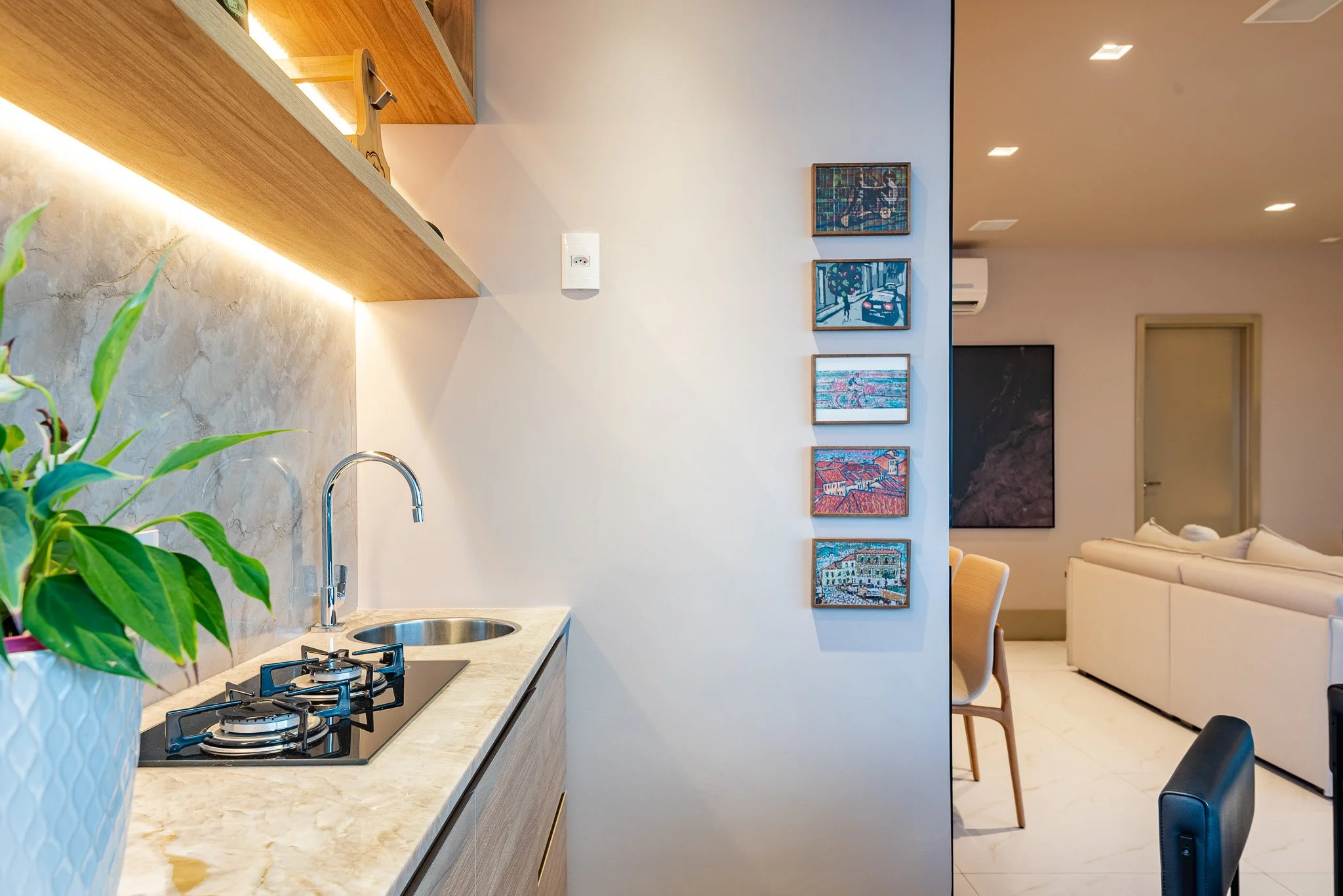 Part of a modern kitchen and living room with a countertop, sink, plant, and a wall with five framed paintings in a contemporary apartment.