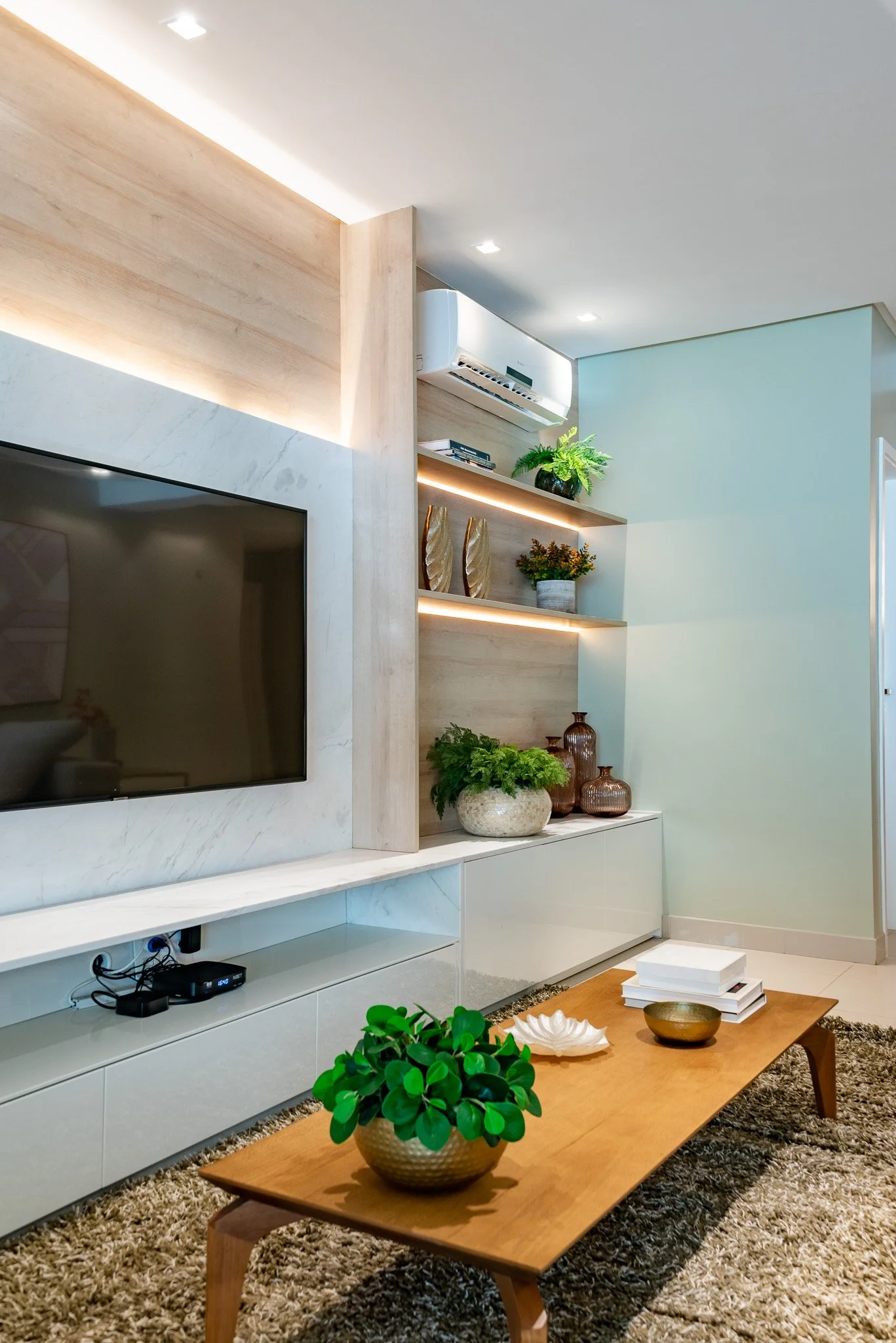 Modern living room with a mounted flat-screen TV, a wooden coffee table with decorative items and a green plant, built-in shelves with plants and decorative pieces, white cabinetry, and an air conditioning unit.