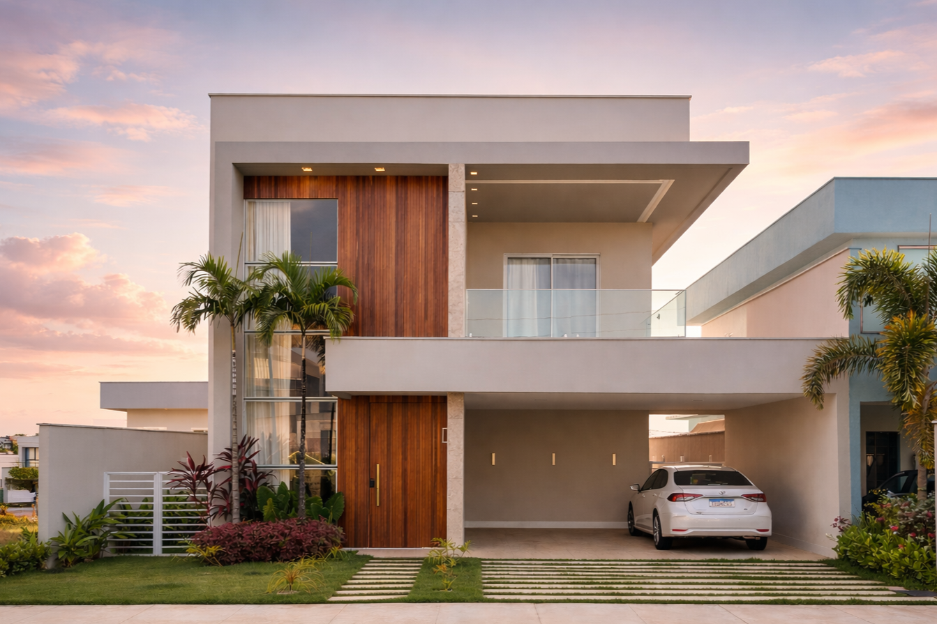 Modern two-story house with a wooden front door, palm trees, and a white car parked in the garage at sunset.