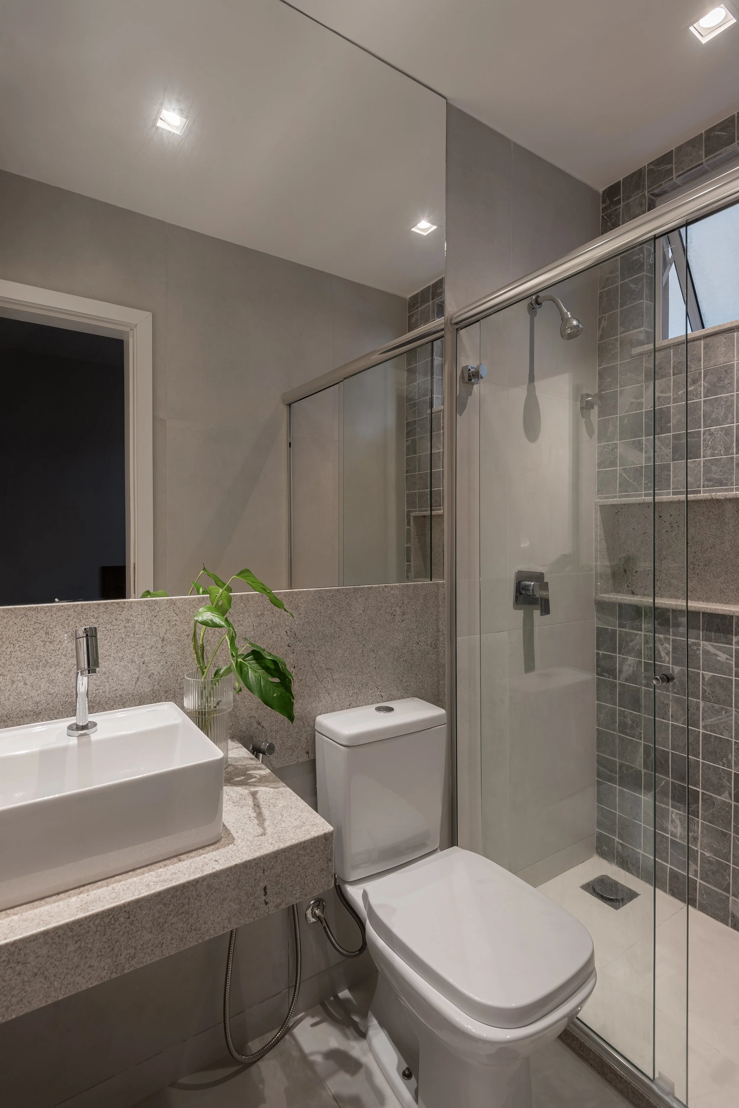 Modern bathroom with a white rectangular sink, green houseplant, white toilet, and a glass-enclosed shower with gray tiles.