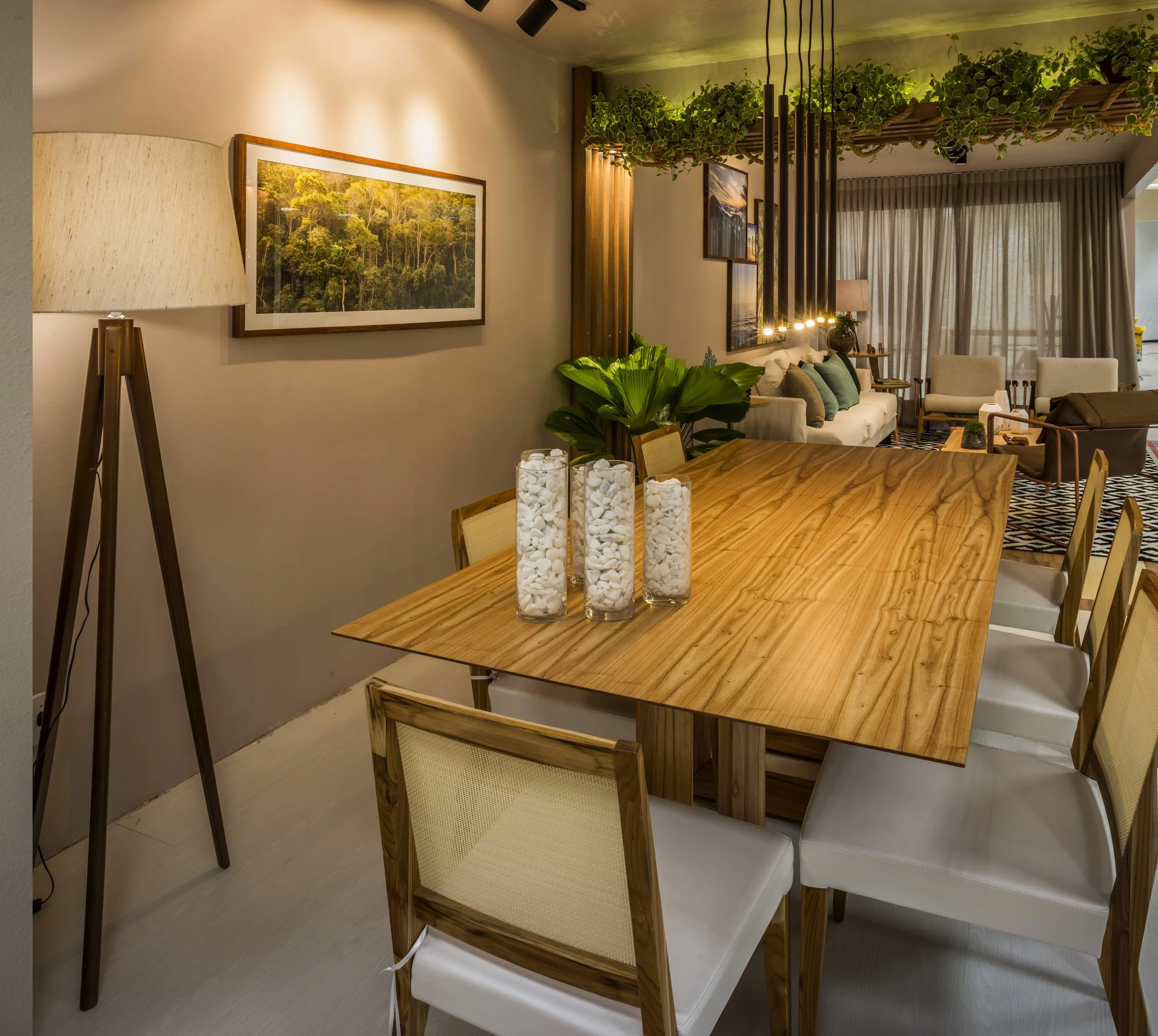 A dining area with a large wooden table surrounded by white upholstered chairs, decorated with three glass vases filled with white stones, a large green plant, a floor lamp, and framed nature pictures on the wall. The background shows a living room w