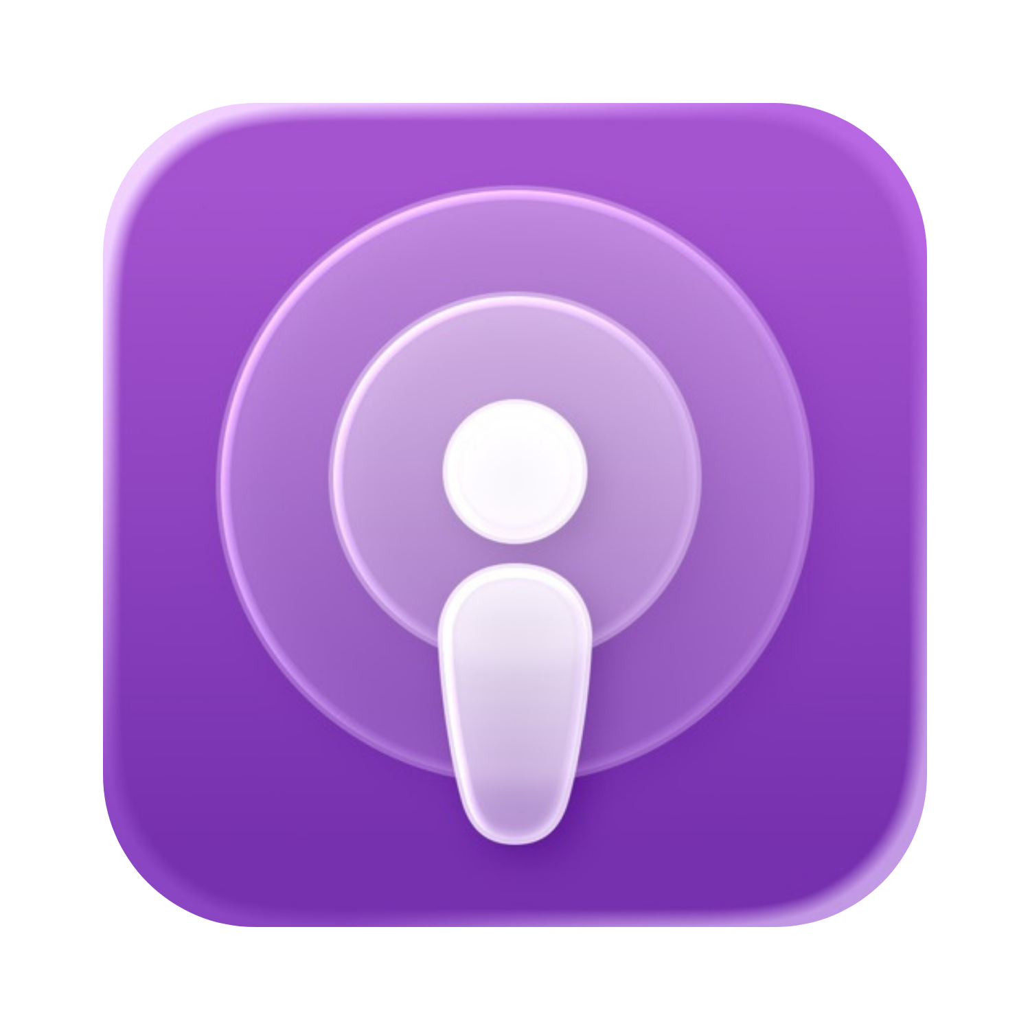 Purple digital icon resembling a microphone, with concentric circles and a central circular shape, symbolizing a voice recording or podcast application.