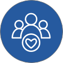 Icon of three people with a heart inside a circle, representing community or support.