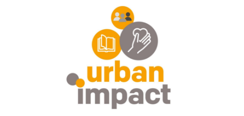 Logo for Urban Impact with icons of a group of people, a book, and a hand, in orange, gray, and white colors.