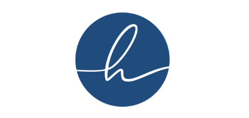 A circular logo with a dark blue background and a white lowercase 'h' in the center.