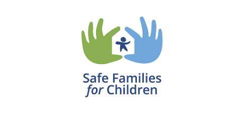 Two large hands, one green and one blue, surrounding a small figure of a child, with the text "Safe Families for Children" underneath.