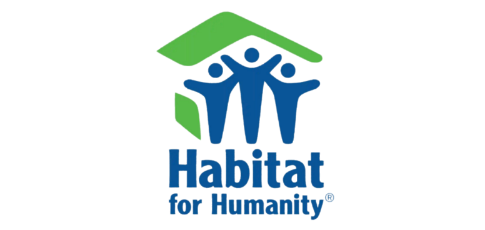 Habitat for Humanity logo with three stylized human figures under a green roof, and the text 'Habitat for Humanity' underneath.