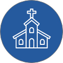 Icon of a church with a cross on top, depicted in white on a blue circular background.