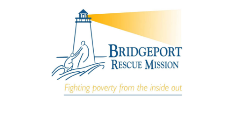 Bridgeport Rescue Mission logo with a lighthouse and a person sitting on rocks, and the slogan 'Fighting poverty from the inside out'.