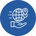 Icon of a hand holding a globe with a location pin, representing global or geographic services.