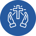 Two hands holding a cross with a heart-shaped base, symbolizing faith and prayer.