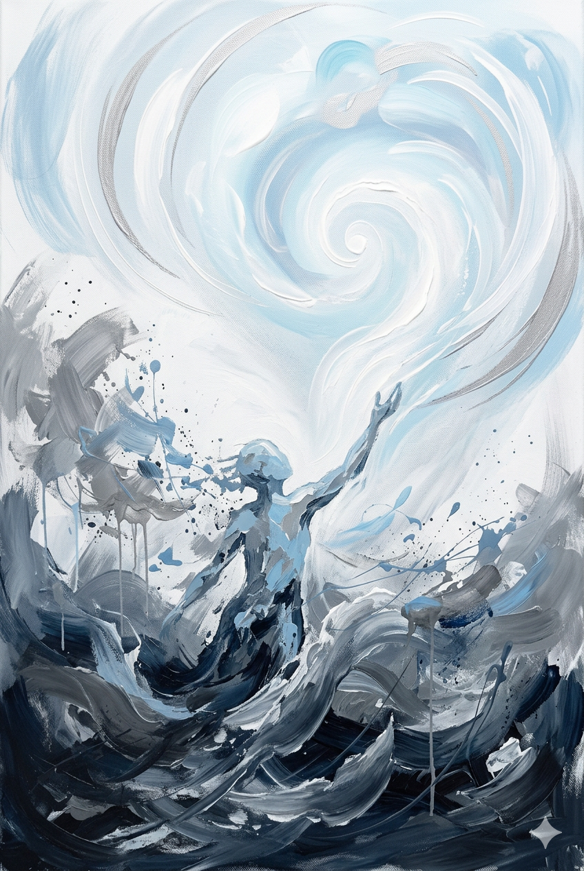 Woman surrounded by stormy waves, representing emotional distress and resilience