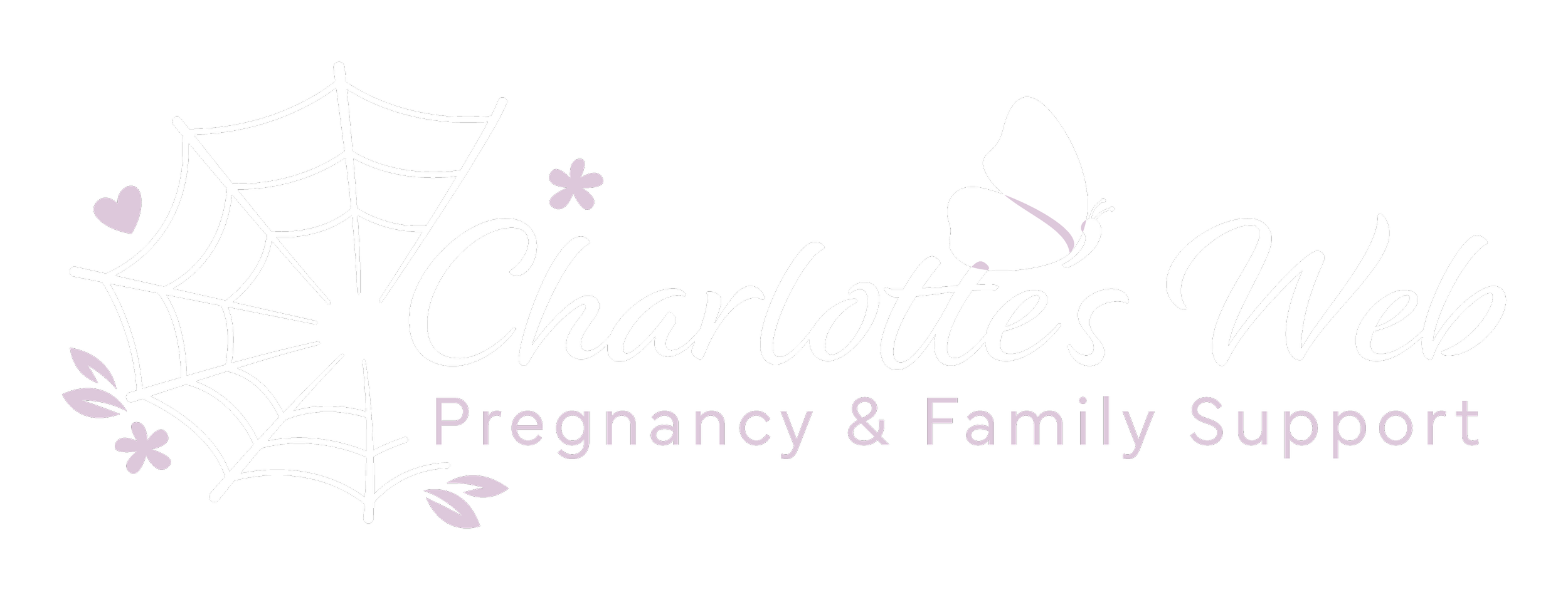 Logo for Charlotte's Web Pregnancy & Family Support featuring a spider web, a butterfly, purple flowers, and text in white and purple on a black background.