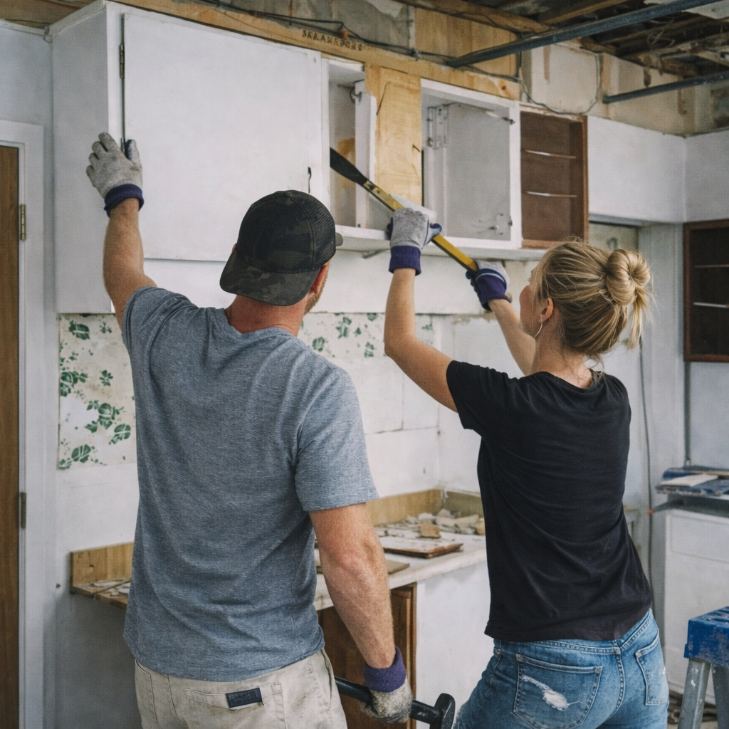 A man and woman tearing down kitchen cabinets in a basement or workshop area.