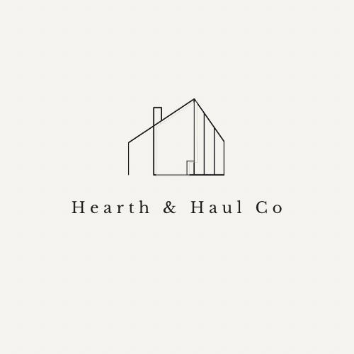 Logo of Hearth & Haul Co featuring a minimalist outline of a house above the company name in black text.