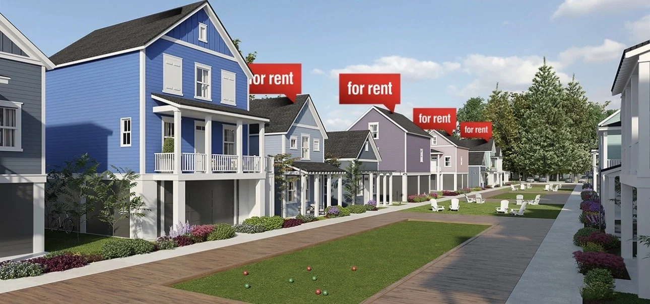 Row of colorful houses with signs saying "for rent" on the rooftops, a community area with benches, grass, and a town-like atmosphere.
