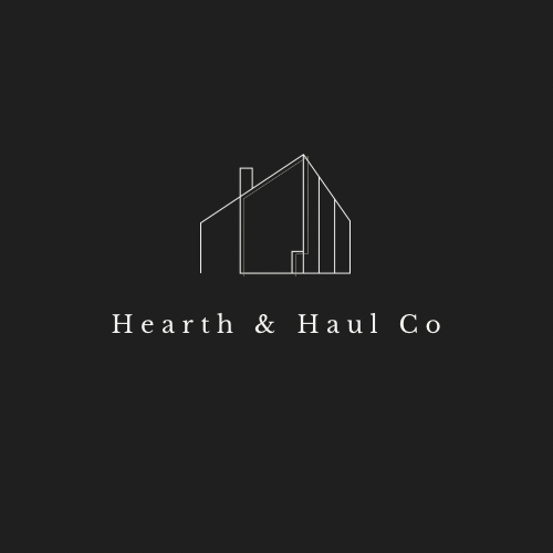 Logo for Hearth & Haul Co featuring a minimalist line drawing of a house with the company name beneath.