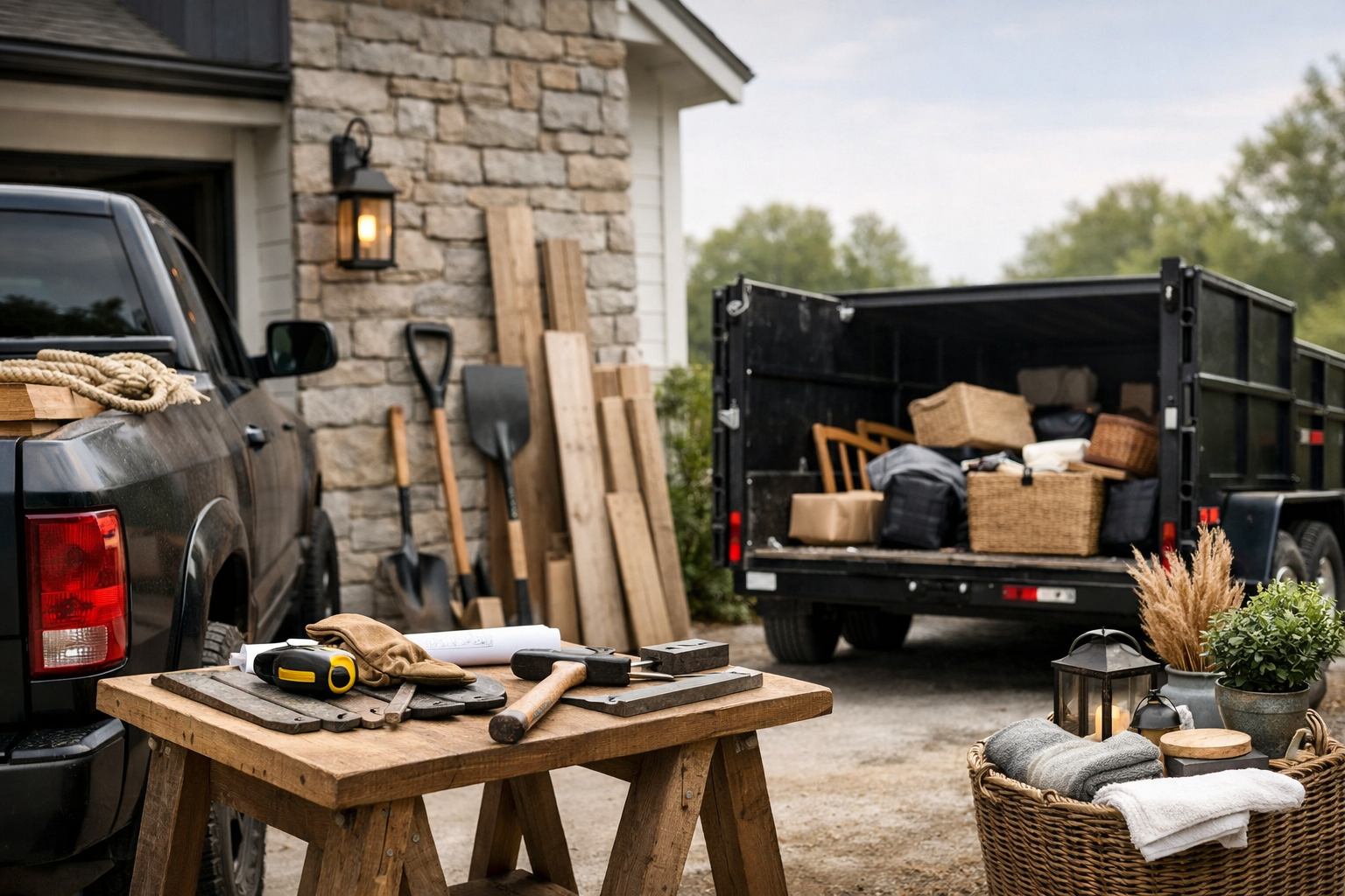 A driveway scene with a black pickup truck and an open trailer loaded with baskets and boxes, a wooden work table with tools, a basket of towels, potted plants, and garden tools leaning against a stone house.