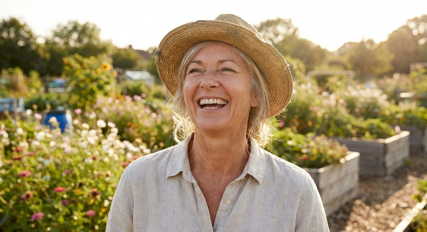 A smiling woman with gray hair wearing a wide straw hat and a cream-colored shirt, standing in a garden with plants and flowers, during sunset.