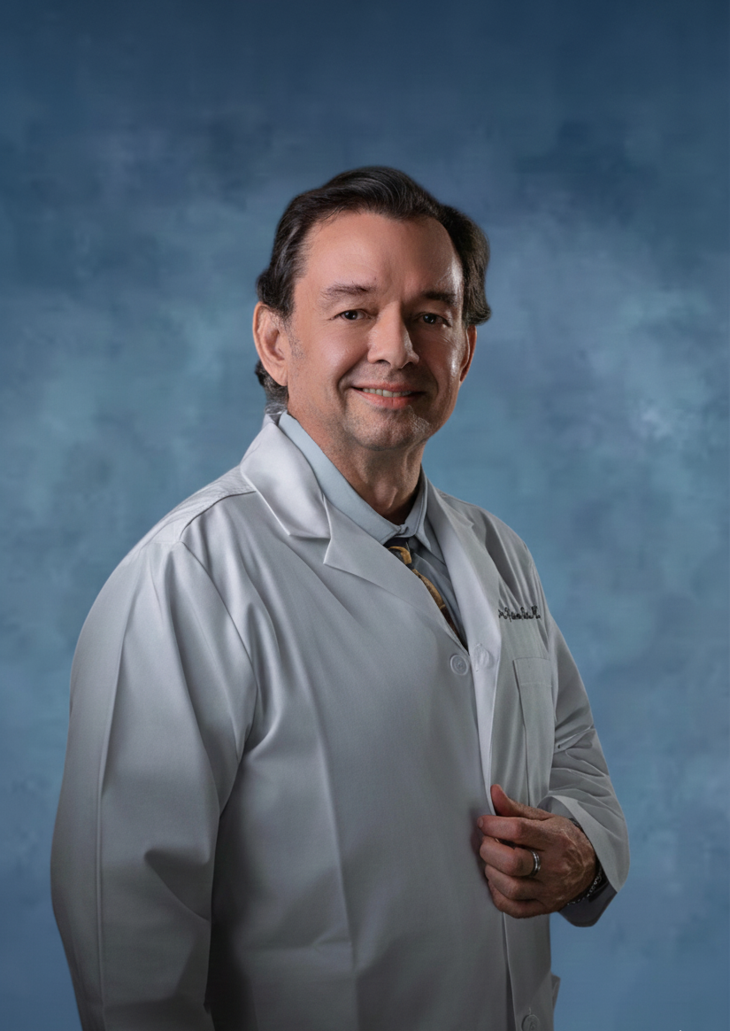A male doctor in a white lab coat standing against a blue background, smiling and looking at the camera.