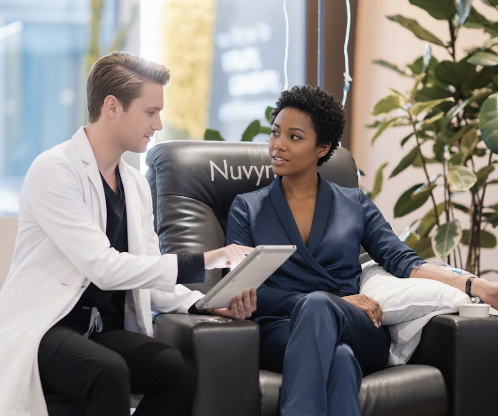 A male doctor in a white coat showing a tablet to a female patient with an IV in her arm in a medical office.