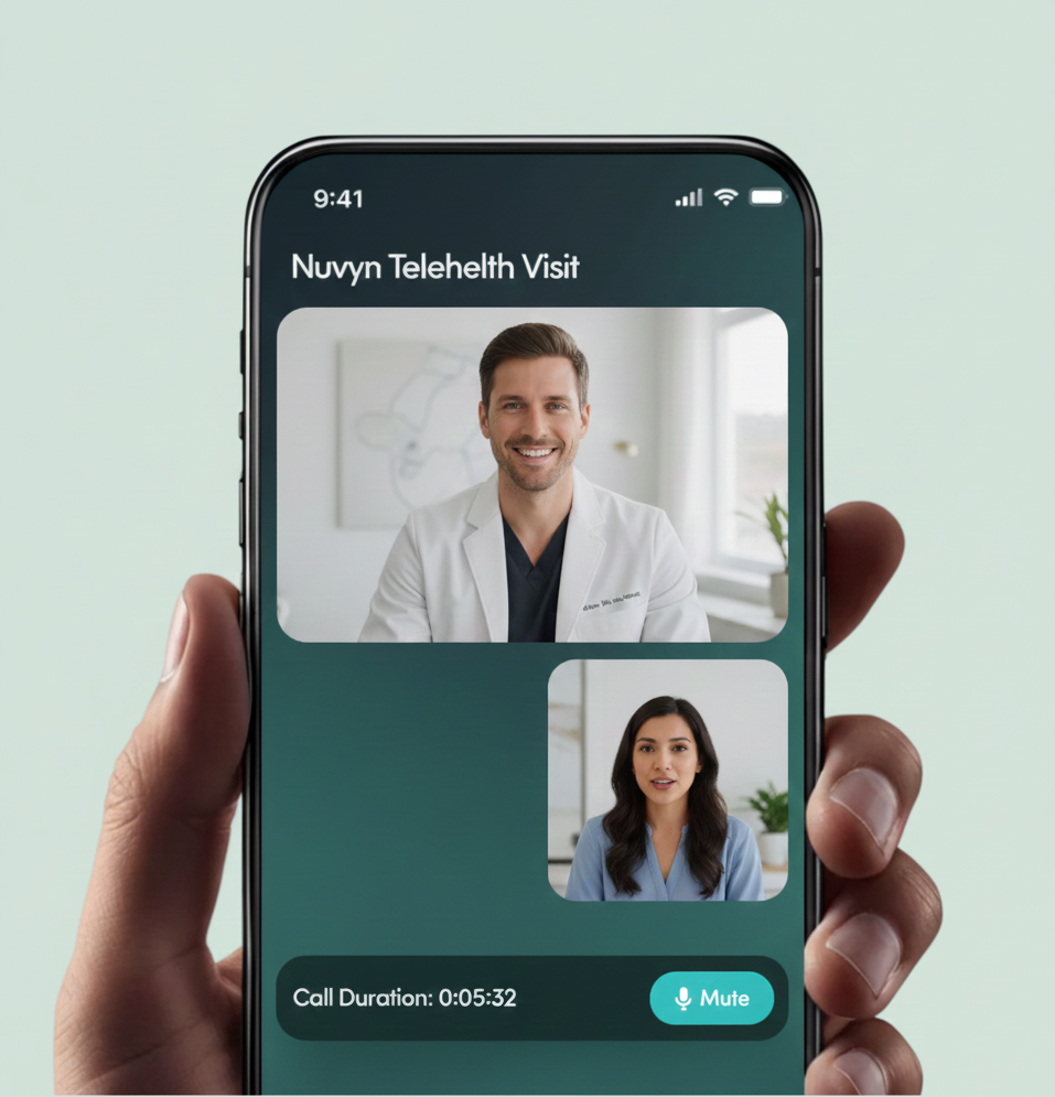 A person holding a smartphone displaying a telehealth video call between a male doctor and a female patient on a green background. The screen shows the call duration and mute button.