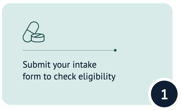 An online form prompt that says "Submit your intake form to check eligibility" with a pill icon and a numbered step indicator displaying the number 1.