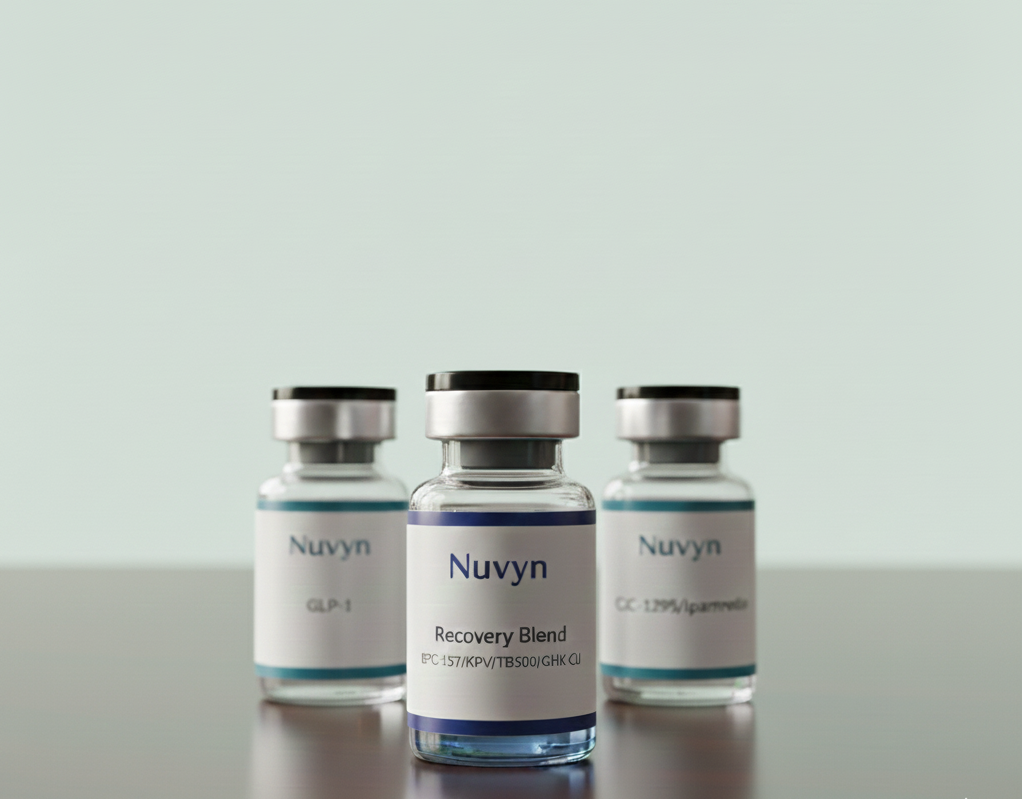 Three medical vials labeled 'Nuvyn,' with the middle jar labeled 'Recovery Blend,' placed on a reflective surface against a light green background.