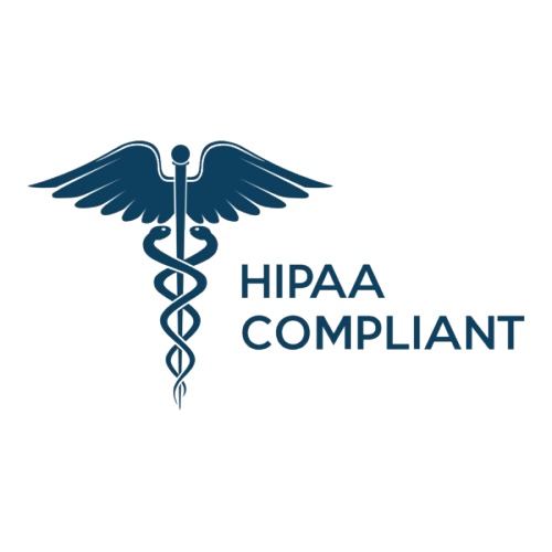 Medical caduceus symbol with wings and a staff, beside the text 'HIPAA COMPLIANT'