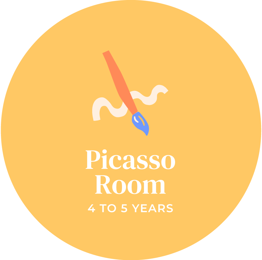 A circular label with a painter's palette and brush icon. Text reads 'Picasso Room, 4 to 5 years' in white on a light orange background.