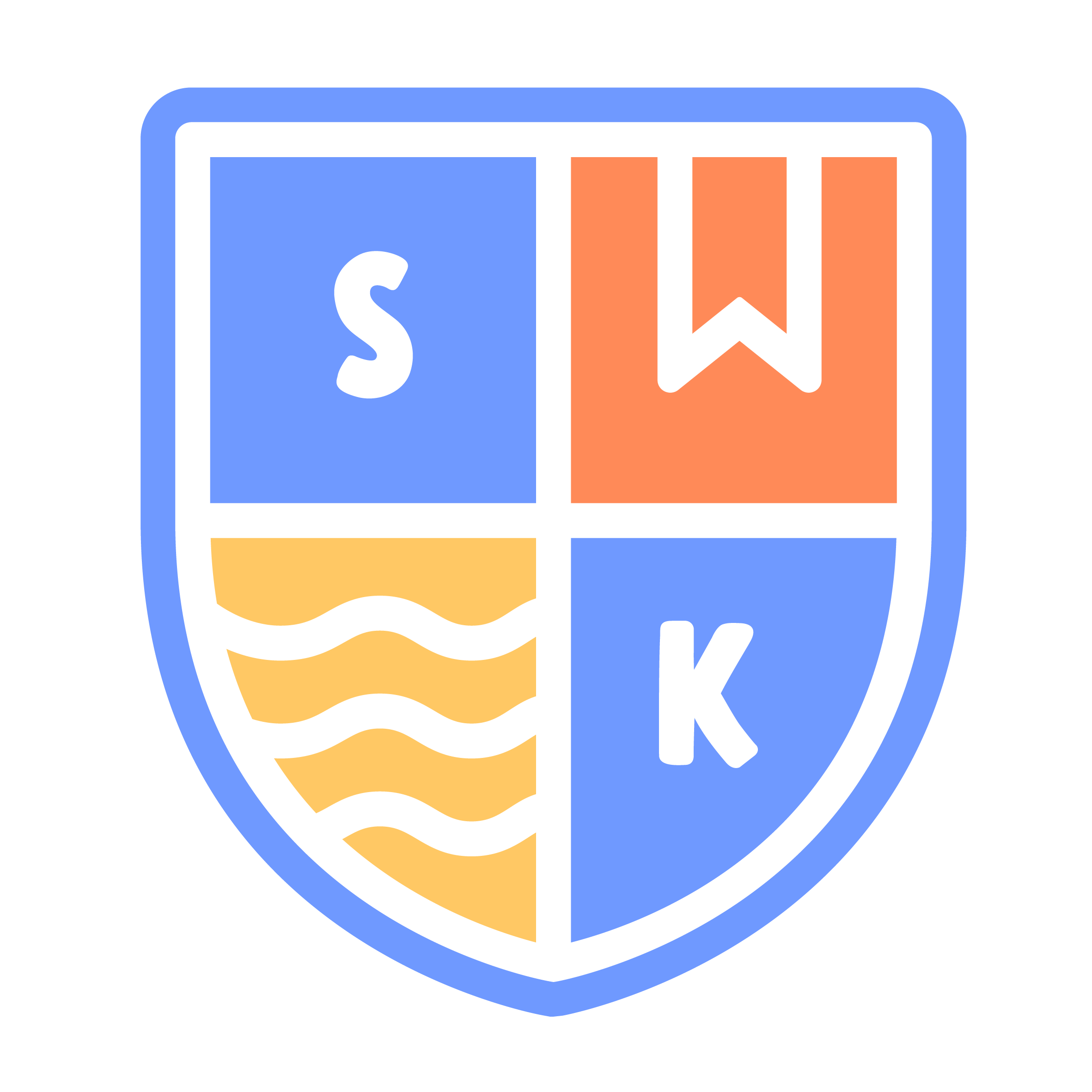 A shield-shaped logo with four quadrants. The top-left quadrant has a white letter S on a blue background, the top-right has a white letter W on an orange background, the bottom-left has three wavy yellow lines on a yellow background, and the bottom-right has a white letter K on a blue background.