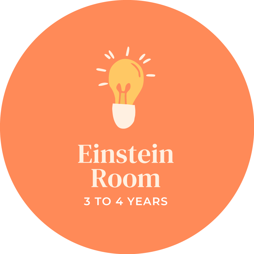 An orange circular label with a light bulb icon at the top, and text that reads "Einstein Room 3 to 4 Years."