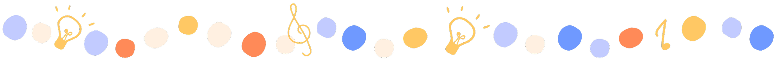 Decorative string of multicolored circles, lightbulb icons, and musical notes.