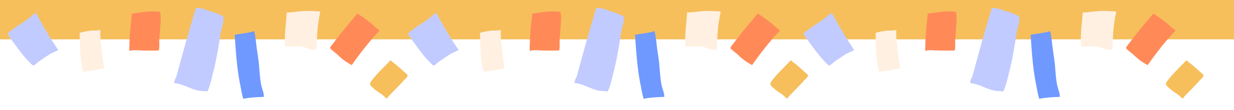 Colorful confetti decorations with light blue, cream, red, and yellow paper strips and small diamond shapes over a black background.