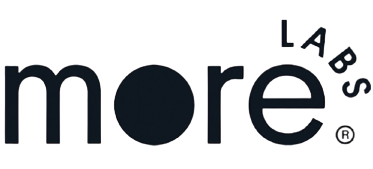 Close-up of a logo with the word 'more' in lowercase letters, including added registration marks and stylized text.