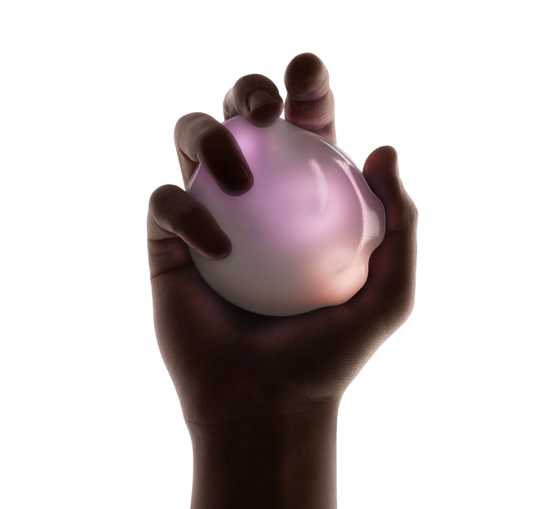 A hand holding a glowing, smooth, oval object with a soft pink and purple hue, against a white background.