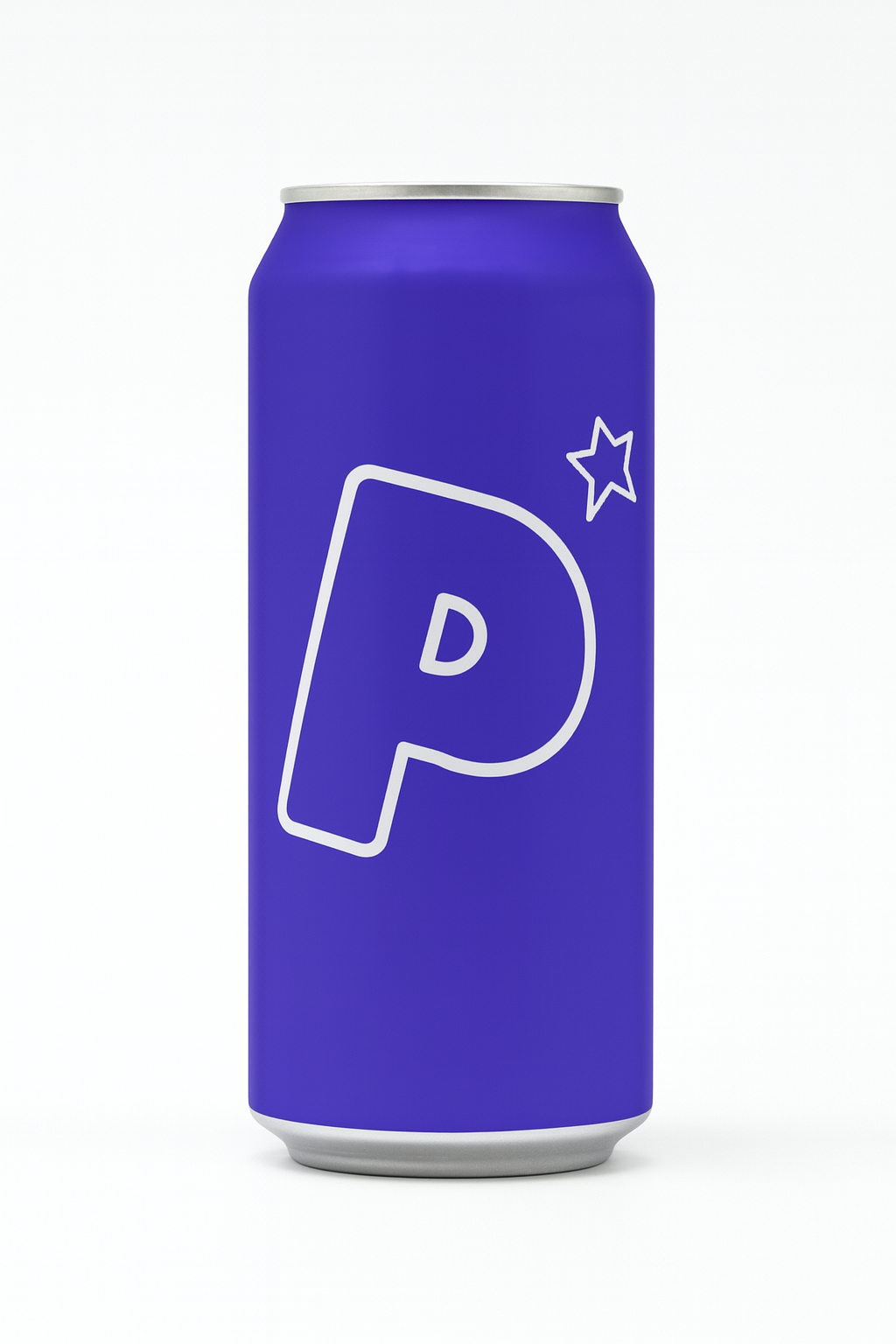 Blue can with white stylized letter 'P' and star design on white background.