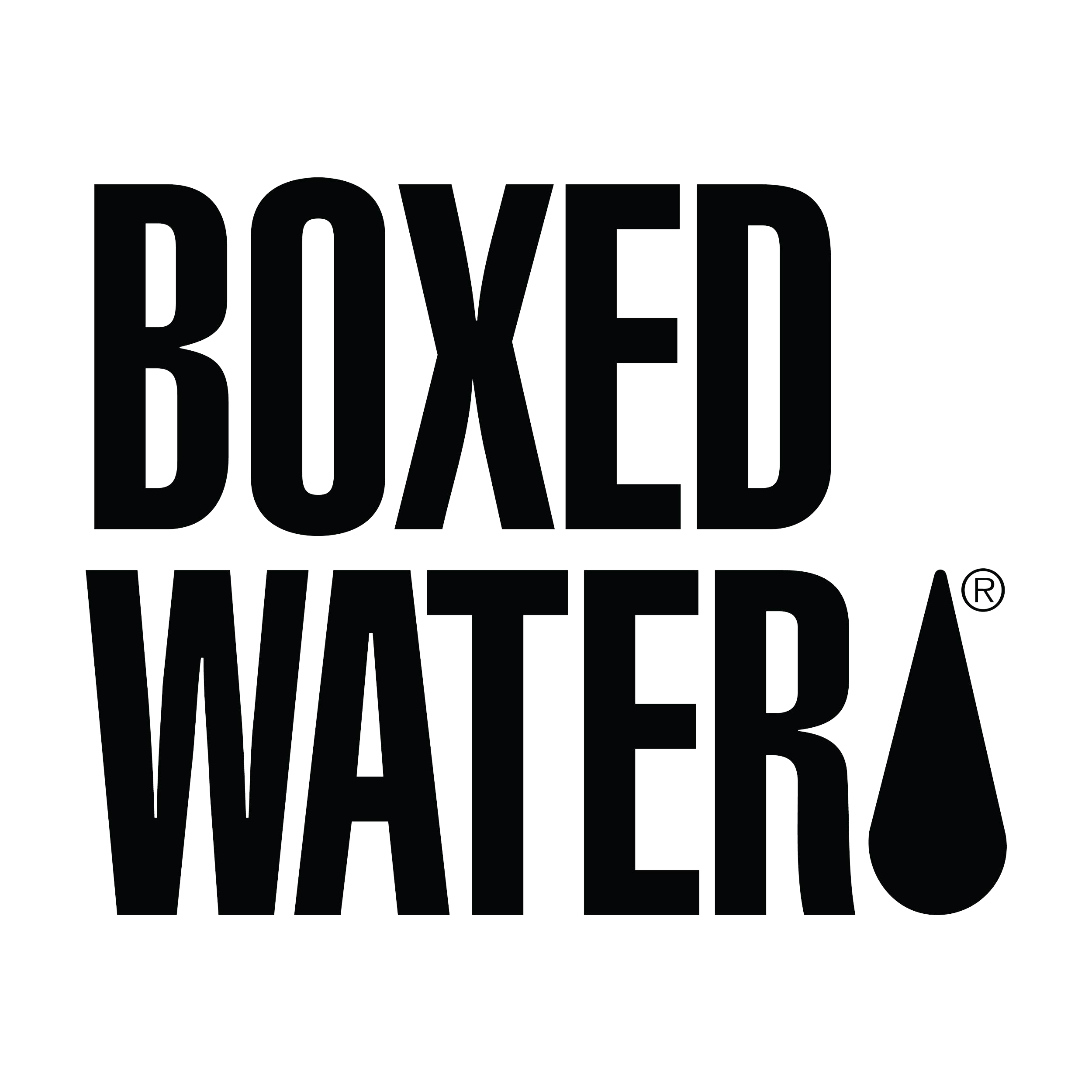 The logo shows the words "BOXED WATER" with a water droplet icon to the right of the text.