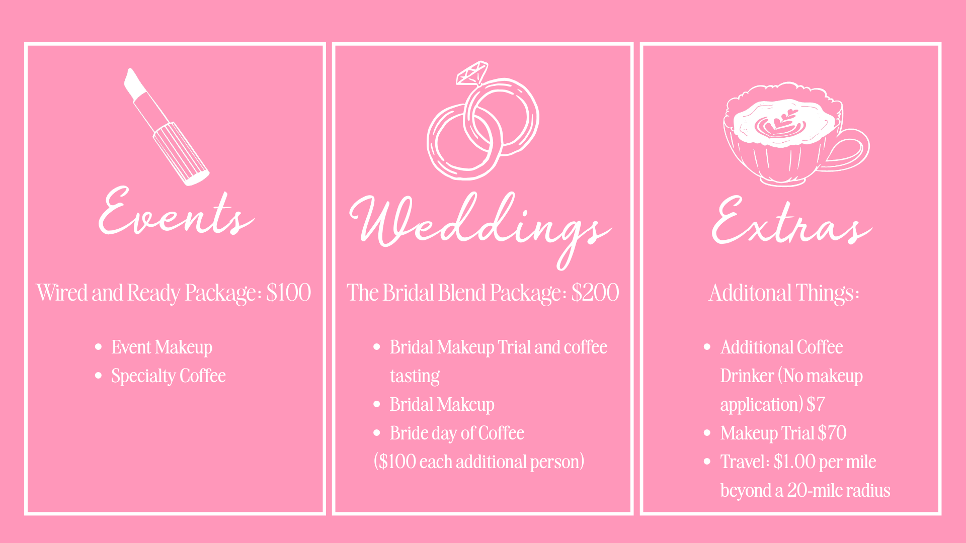 Pink menu with three columns for Events, Weddings, and Extras; each with icons and detailed pricing for packages and additional items.