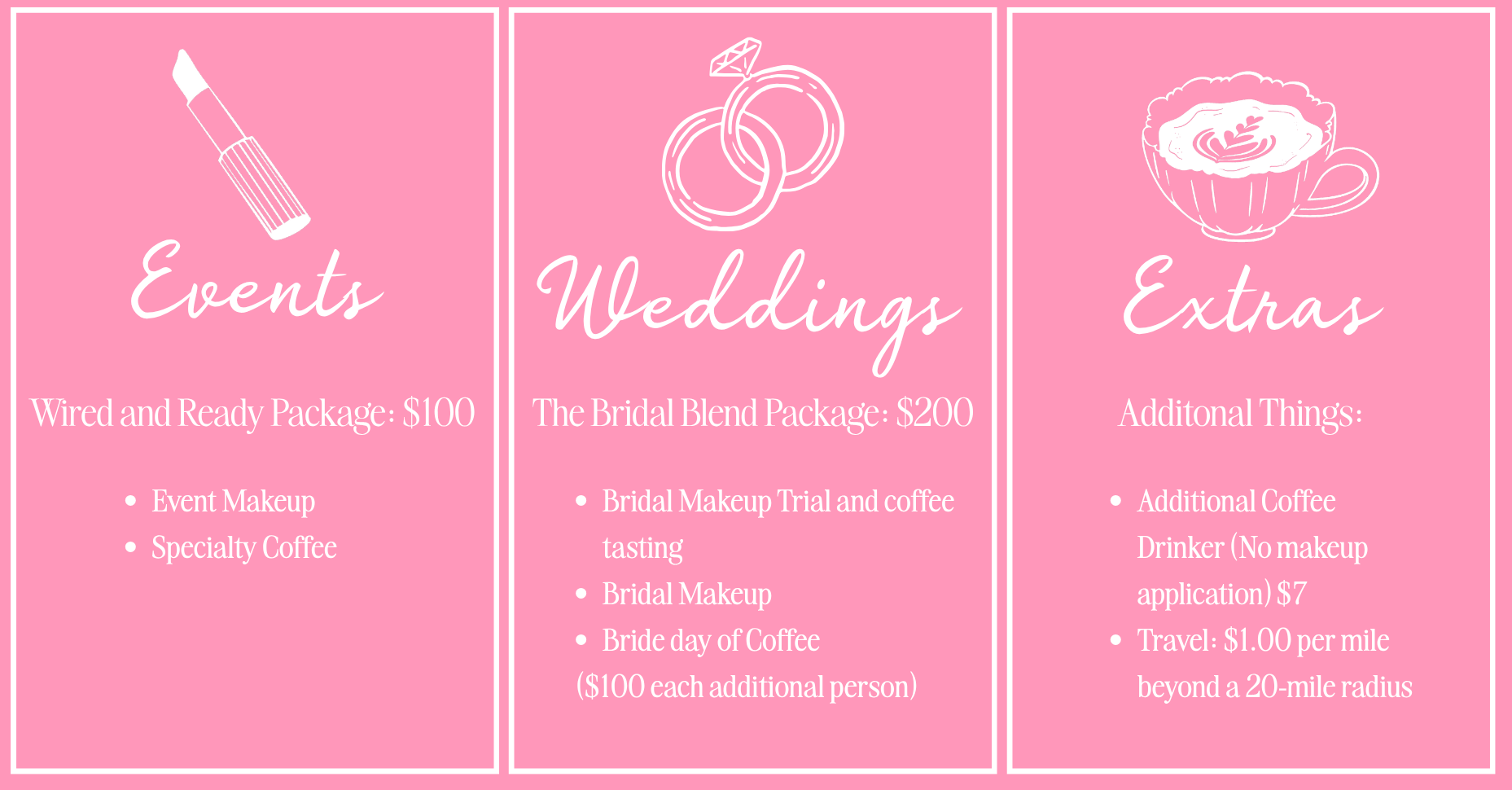 Pink menu with three sections: Events with a lipstick illustration, Weddings with a ring illustration, Extras with a teacup illustration. Each section lists services and prices related to events, weddings, and extras for a bridal event.