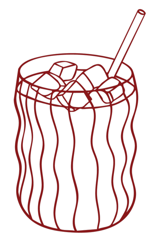 Outline drawing of a soda glass with ice cubes and a straw.