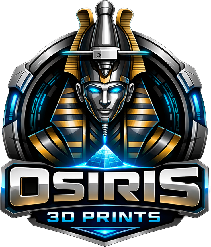 Futuristic robotic figure with glowing blue eyes, Egyptian-inspired headgear, and a pyramid emitting blue light in the background, with the text "OSIRIS 3D PRINTS" below.