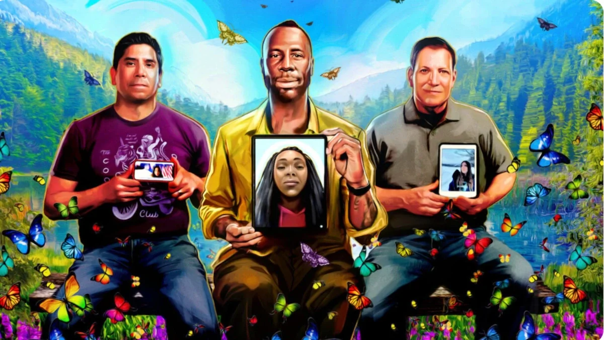 Three men sitting on a bench, each holding a photo of a woman, with a vibrant, artistic background of mountains, trees, flowers, and colorful butterflies.