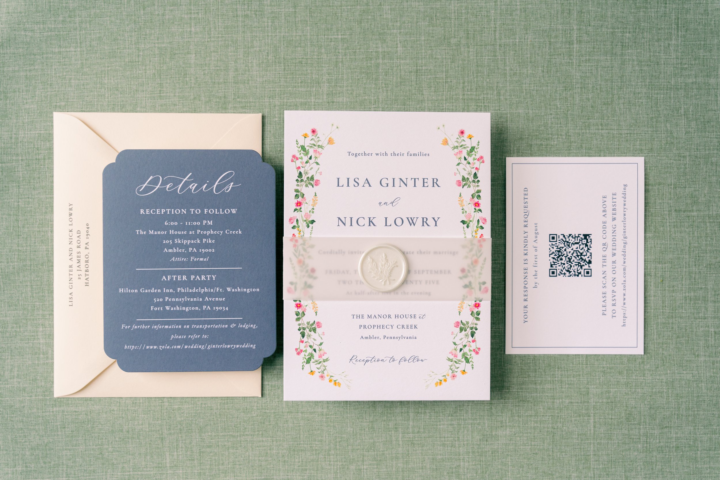 Wedding invitation suite including an invitation card, a RSVP card with a QR code, and reception details, all on a green textured background.