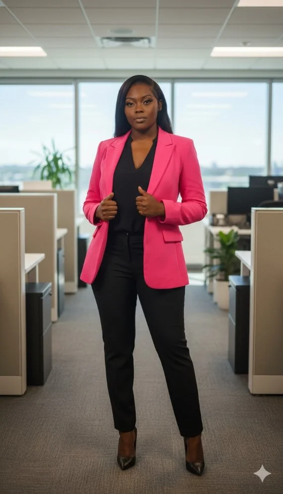 A confident woman standing in an office, wearing a pink blazer over black top and pants, with black heels and long black hair.