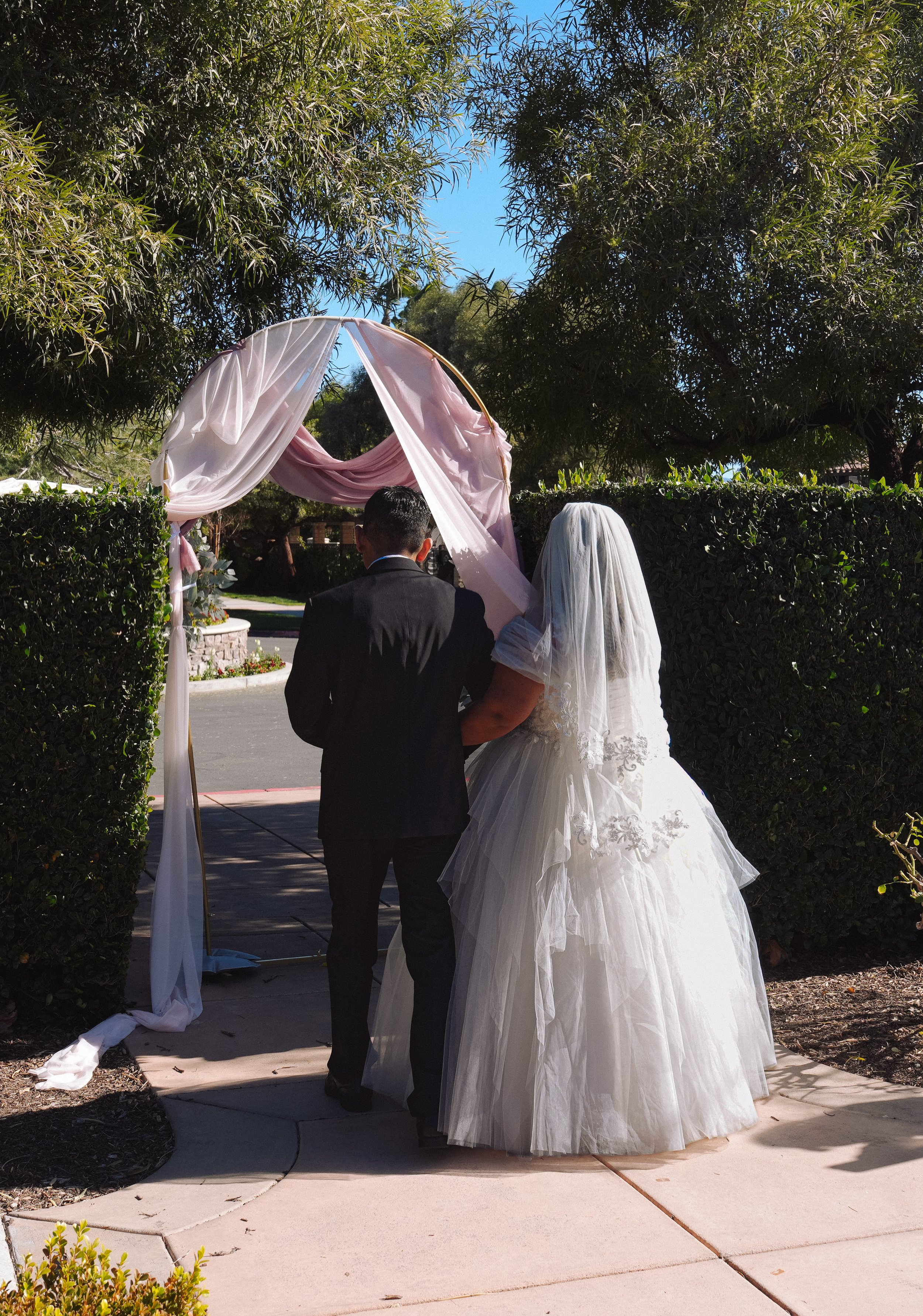 A bride and groom standing under a pink and white wedding arch outdoors, surrounded by greenery, with bright blue sky overhead.