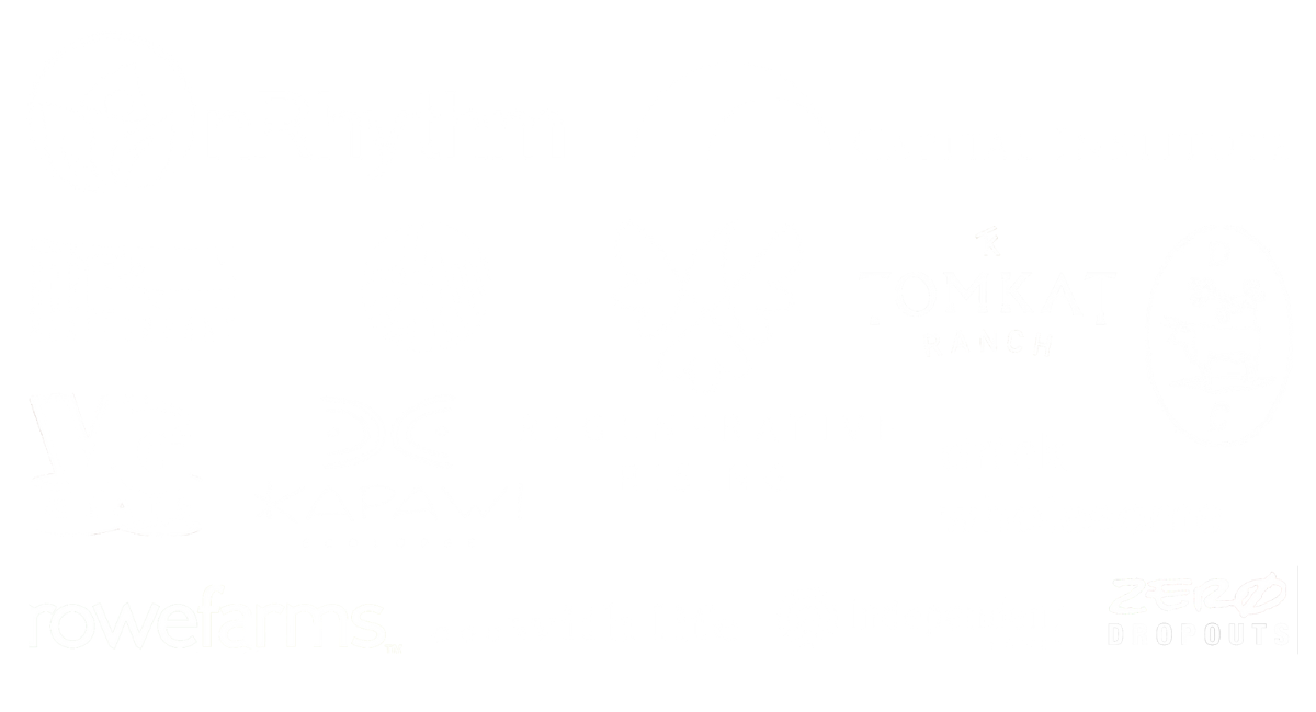 A collection of logos from various organizations and brands, including nRhythm, Capital Institute, Whole Meat Company, Tomkat Ranch, and others, arranged on a black background.