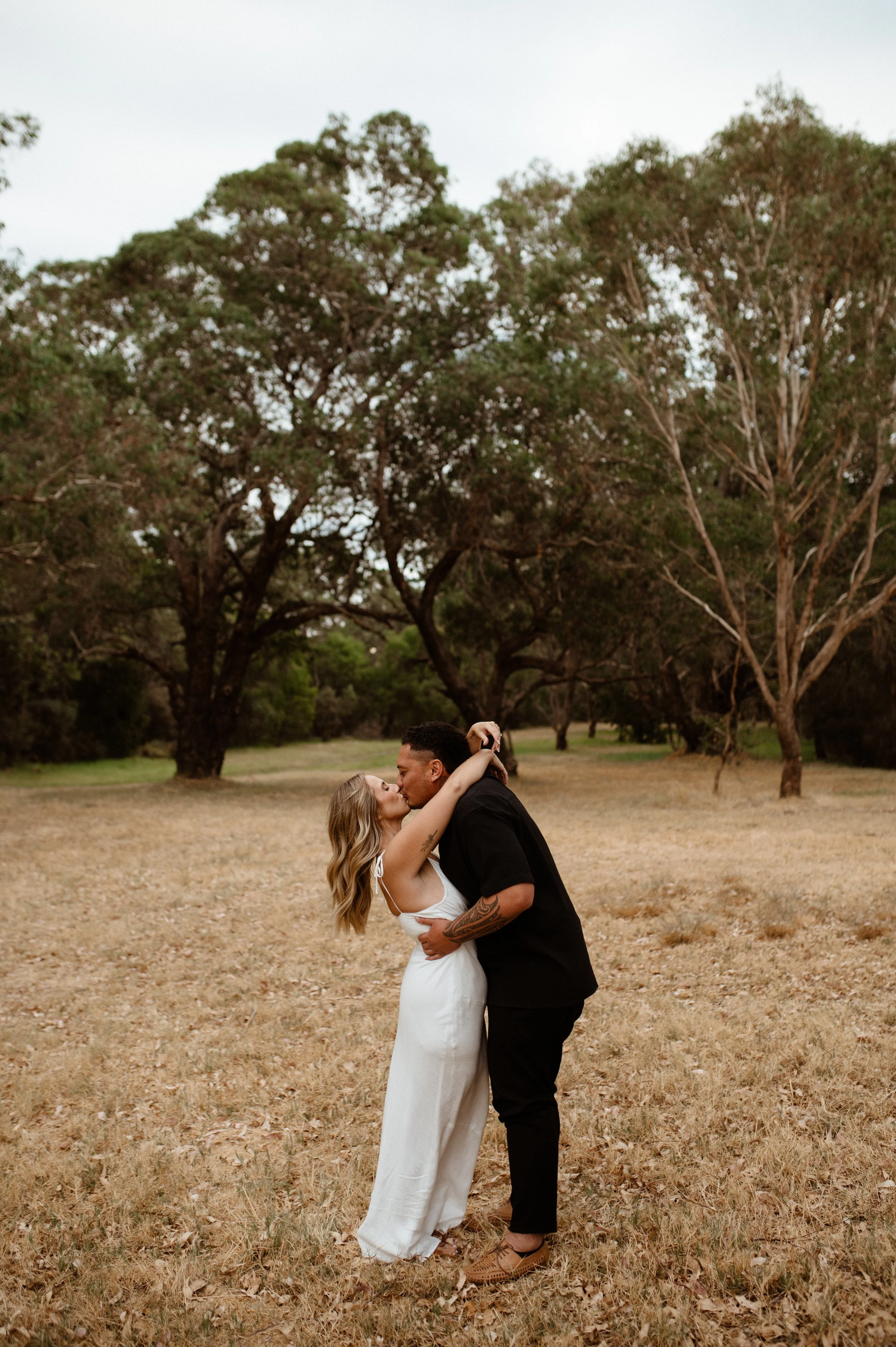 A couple kissing in a park on a grassy field with trees in the background.