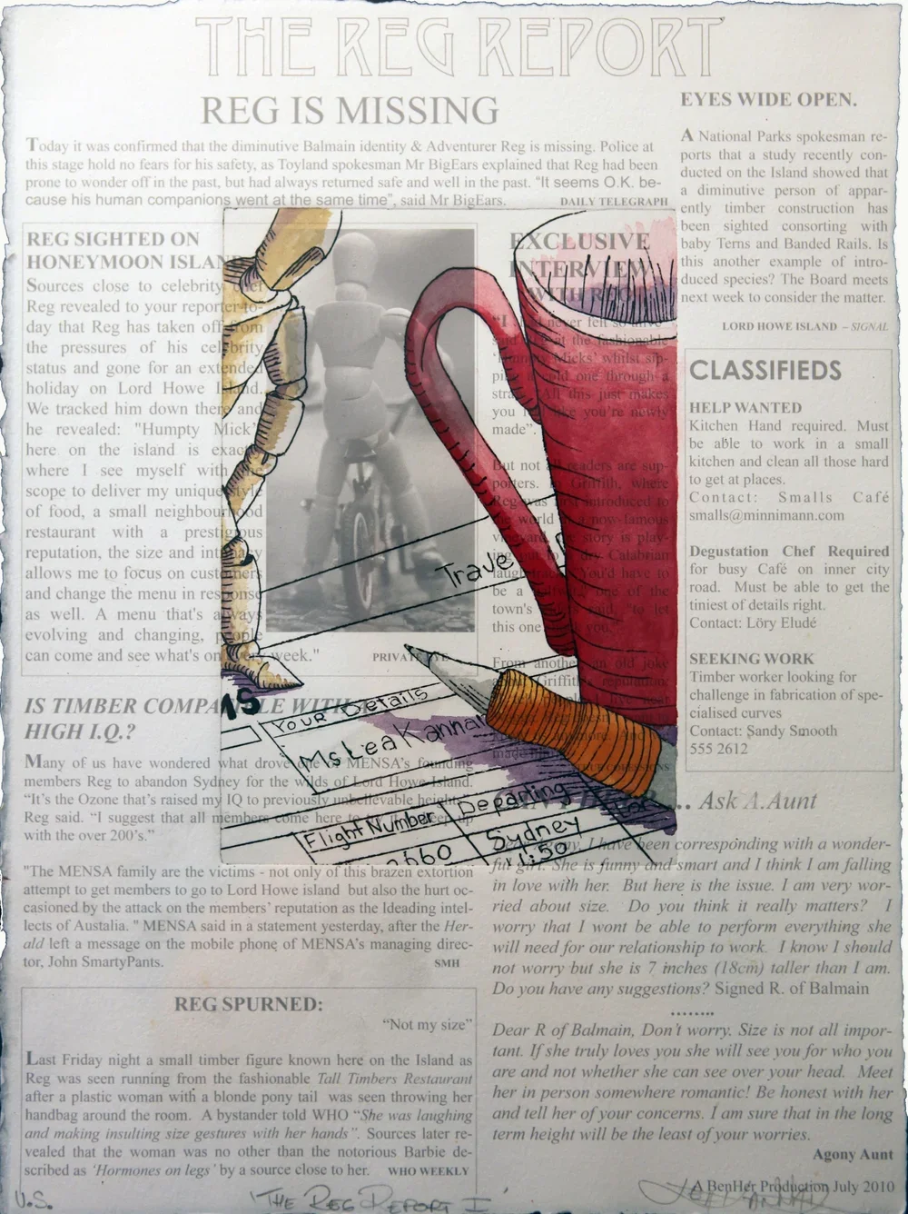 Lea Kannar-Lichtenberger, The REG Report (2010), Hand coloured, aluminium etching (A holiday on Lord Howe) and digital print on BFK, 31 x 51 cm